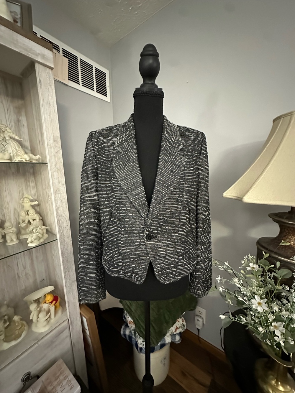 Calvin Klein Black and White Tweed Single-Button Blazer